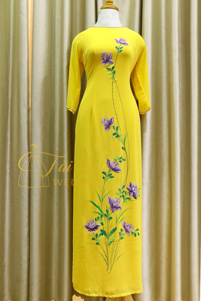 Áo Dài Bà Sui Màu Vàng Vải Lụa Vẻ Hoa - Tài Lộc Wedding