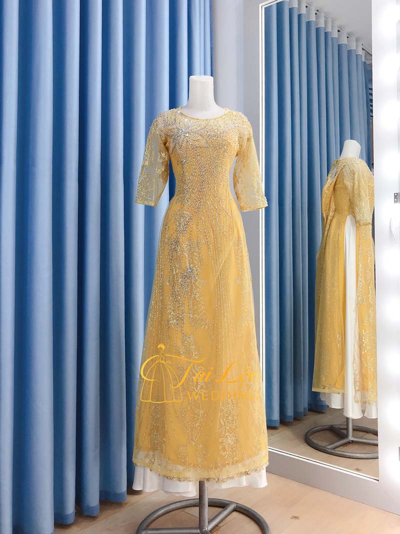 Áo Dài Bà Sui Màu Vàng Vải Ren Sợi Hoa - Tài Lộc Wedding