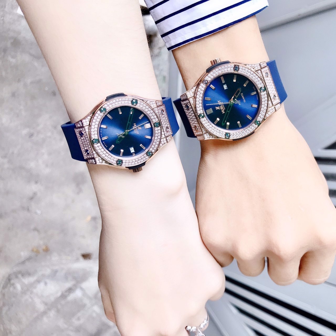 Đồng hồ Hublot đôi mặt xanh đính đá RoseGold cao cấp – FUDO VIỆT NAM