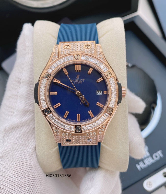 Đồng hồ hublot nữ đính đá full viền dây cao su màu xanh