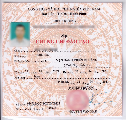 Mẫu chứng chỉ đào tạo lái xe cẩu tự hành